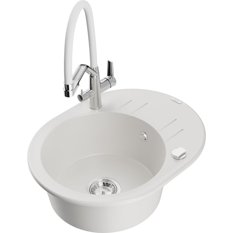 Zlewozmywak granitowy 1-komorowy Mexen Kevin z baterią kuchenną Duo biały 6517-20-671701-02