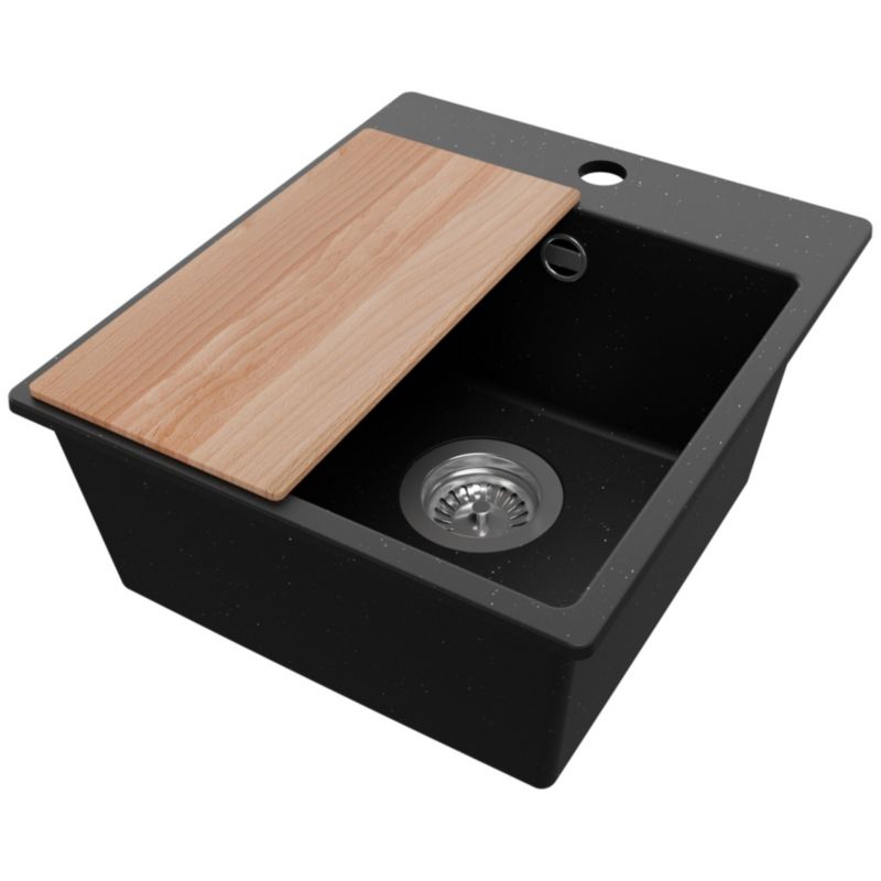 Zlewozmywak Ryga Easy PRIMAGRAN Nablatowy 38x44cm do szafki od 40cm z Syfonem i Dodatkiem Czarny Metalik 1 szt.