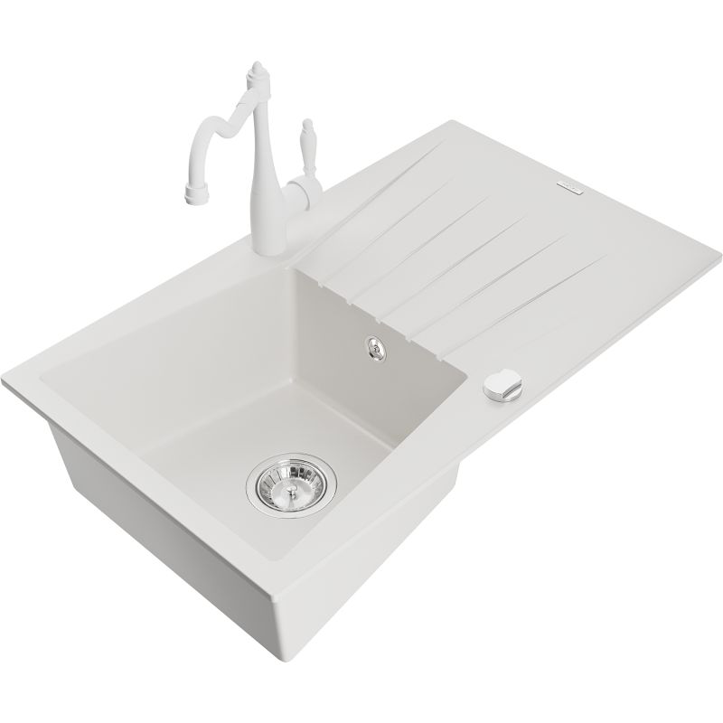 Zlewozmywak granitowy 1-komorowy Mexen Cesar z ociekaczem i baterią kuchenną Carla biały 6514-20-670700-20