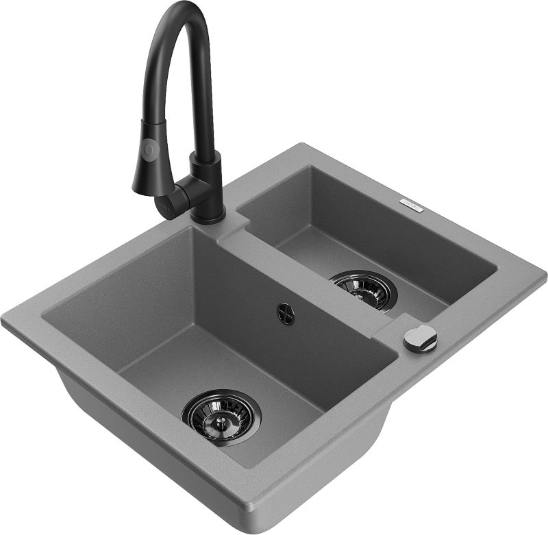 Zlewozmywak granitowy Mexen Carlos 1,5-komorowy z baterią kuchenną Elia szary 6518-71-670101-70-B