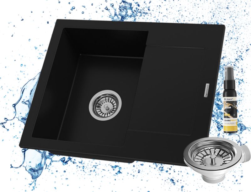 Zlewozmywak granitowy Granitan Bello czarny jednokomorowy komora po lewej stronie Zlew Syfon chrom 1 szt.