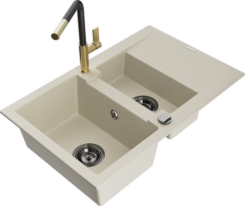 Zlewozmywak granitowy Mexen Gaspar 1,5-komorowy z ociekaczem i baterią kuchenną Flora beżowy 6507-69-670401-57-B