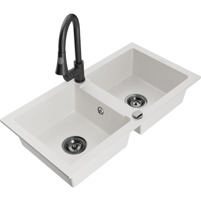 Zlewozmywak granitowy 2-komorowy Mexen Mario z baterią kuchenną Elia czarny - 6504-77-670101-00 1 szt.