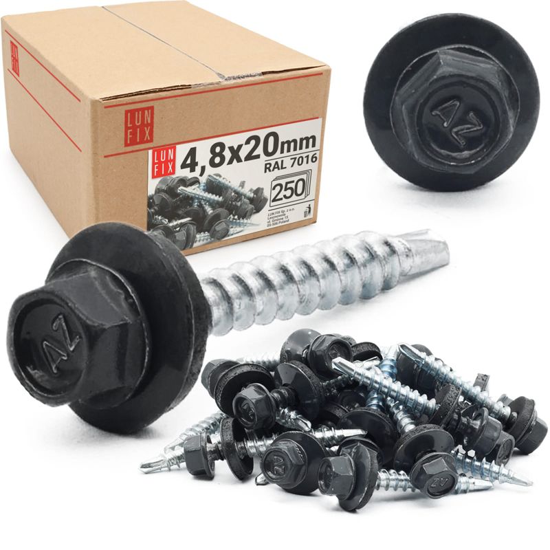 Blachowkręty Lun Fix wkręty farmerskie 4,8x20mm RAL716 antracyt 250szt.