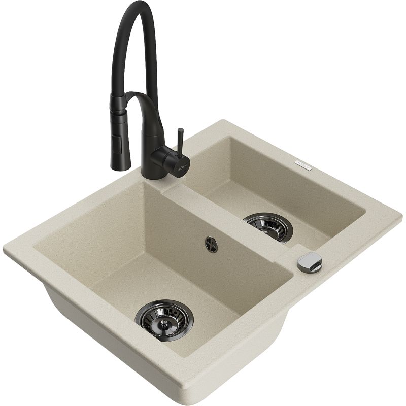 Zlewozmywak granitowy 1.5-komorowy Mexen Carlos z baterią kuchenną Aster biały - 6518-20-73450-70-B 1 szt.