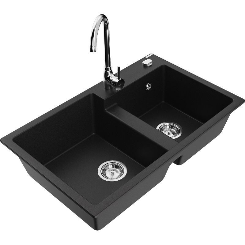 Zlewozmywak granitowy 2-komorowy Mexen Tomas z baterią kuchenną Telma czarny 6516-77-670200-00