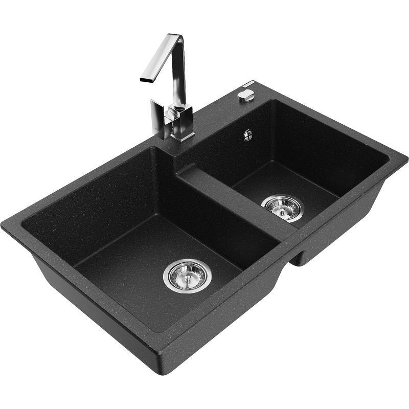 Zlewozmywak granitowy 2-komorowy Mexen Tomas z baterią kuchenną Rita czarny/srebrny metalik 6516-73-670300-00