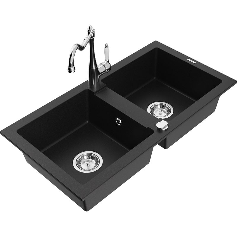 Zlewozmywak granitowy 2-komorowy Mexen Mario z baterią kuchenną Carla czarny - 6504-77-670700-70 1 szt.
