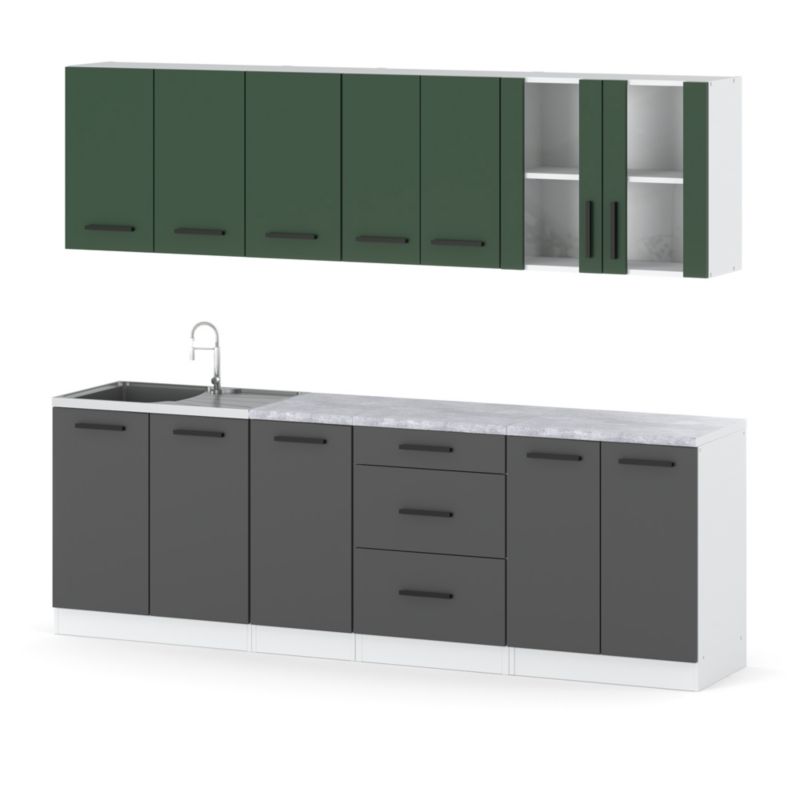 Zestaw Kuchenny Hurtownia-Mebli Z Blatem Kuchnia Remino 260cm Biały Mat Butelkowa Zieleń/Szary Mat 260x47x145 cm 1szt.