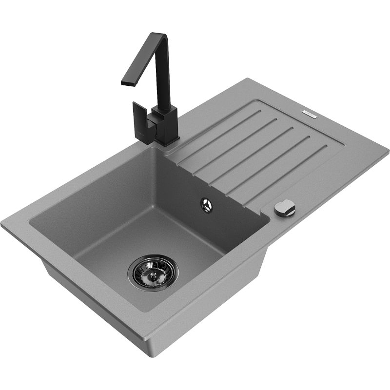 Zlewozmywak granitowy 1-komorowy Mexen Pablo z ociekaczem i baterią kuchenną Rita szary - 6510-71-670300-70 1 szt.