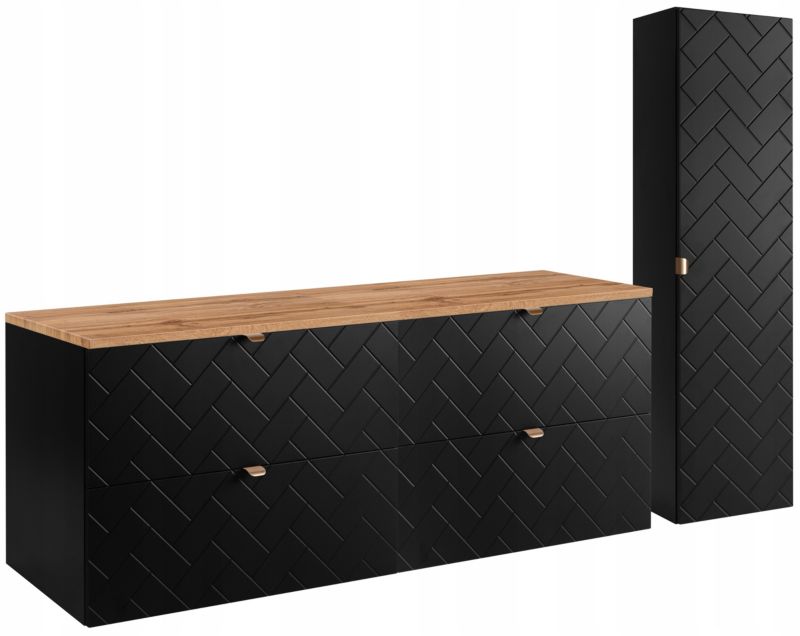 Zestaw mebli łazienkowych Furnidea czarny 160 cm szafka pod umywalkę blat dąb wotan słupek ryflowany Trend zestaw