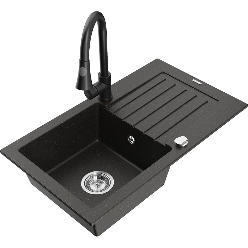 Zlewozmywak granitowy 1-komorowy Mexen Pablo z ociekaczem i baterią kuchenną Elia szary - 6510-71-670101-71 1 szt.