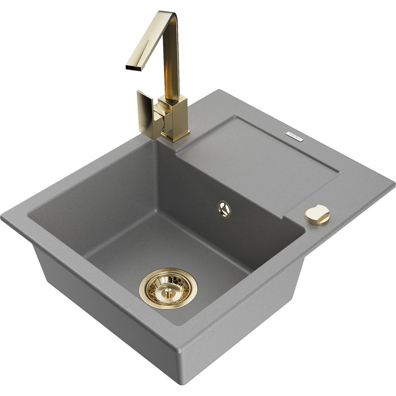 Zlewozmywak granitowy 1-komorowy Mexen Enzo z ociekaczem i baterią kuchenną Rita szary 6506-71-670300-50