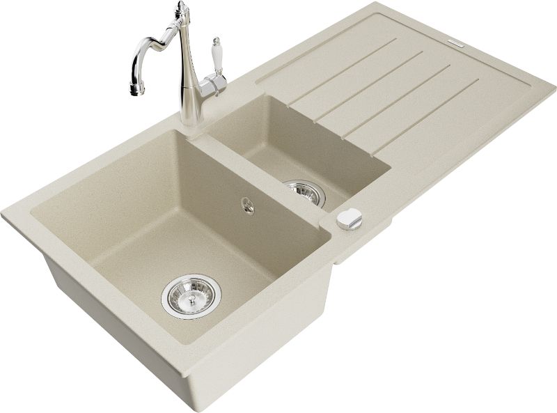 Zlewozmywak granitowy Mexen Andres 1,5-komorowy z ociekaczem i baterią kuchenną Carla beżowy 6515-69-670700-00