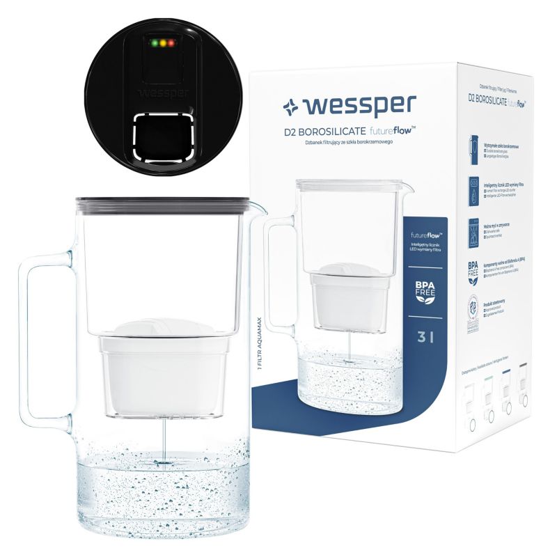 Dzbanek filtrujący do wody 3l, Wessper, z licznikiem LED, szklany, czarny + 1x filtr wody, 2szt