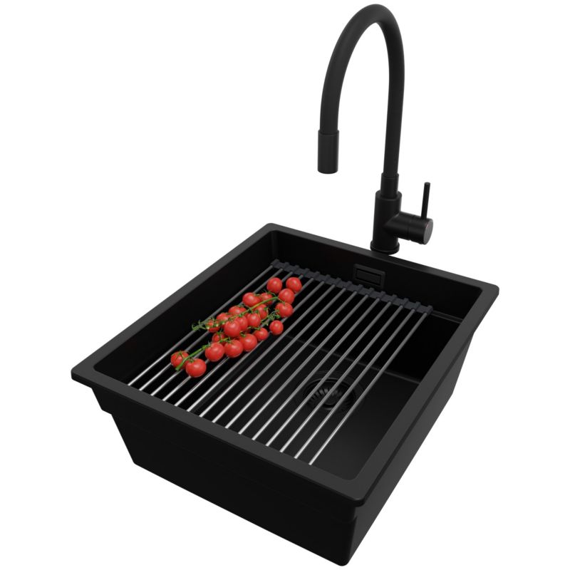 Zlewozmywak Granitowy Praga Slim PRIMAGRAN Nablatowy 41x47cm do szafki od 45cm z Syfonem i Baterią i Dodatkiem Cały Czarny 1 szt.