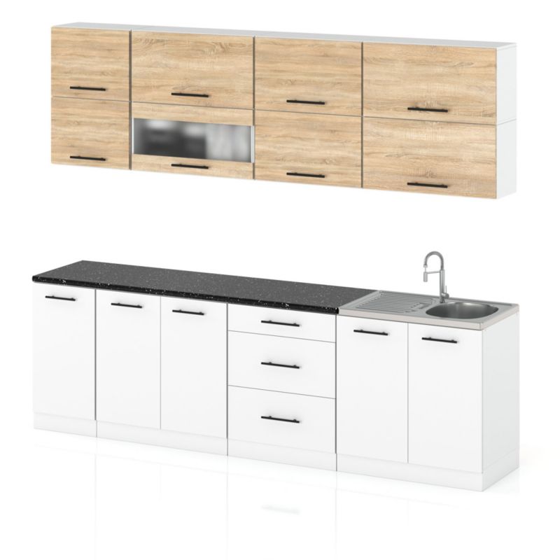Zestaw Kuchenny Hurtownia-Mebli Z Blatem Kuchnia Robo Lux 260cm Biały Mat Dąb Sonoma/Biały Mat 260x52x157 cm 1szt.