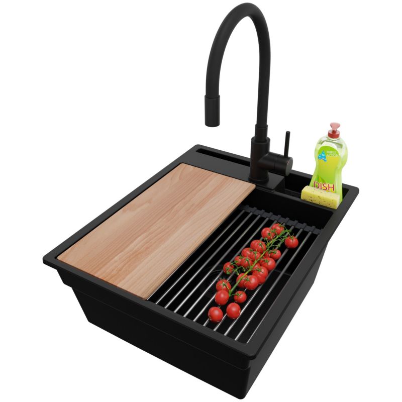 Zlewozmywak Granitowy Oslo Pocket PRIMAGRAN Nablatowy 43x53cm do szafki od 45cm z Syfonem i Baterią i Dodatkiem Cały Czarny 1 szt.