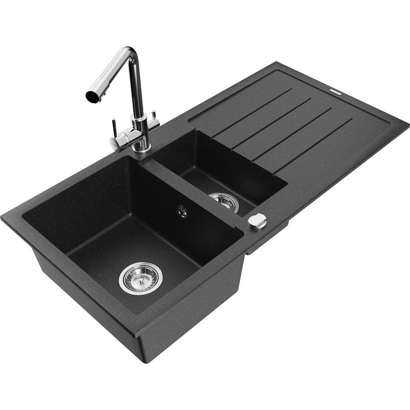 Zlewozmywak granitowy 1.5-komorowy Mexen Andres z ociekaczem i baterią kuchenną Duero czarny/srebrny 6515-73-671600-00