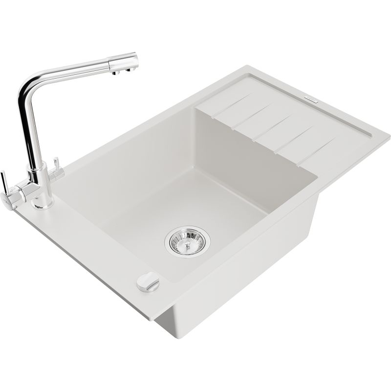 Zlewozmywak granitowy 1-komorowy Mexen Elias z ociekaczem i baterią kuchenną Duero biały 6511-20-671600-00