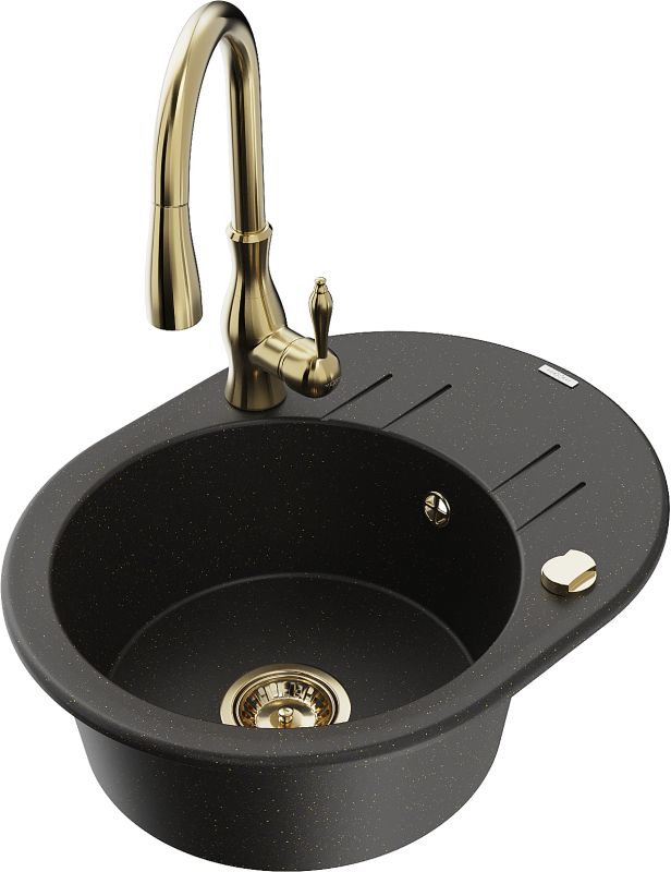 Zlewozmywak granitowy Mexen Kevin 1-komorowy z ociekaczem i baterią kuchenną Savita czarny/złoty 6517-75-672601-50