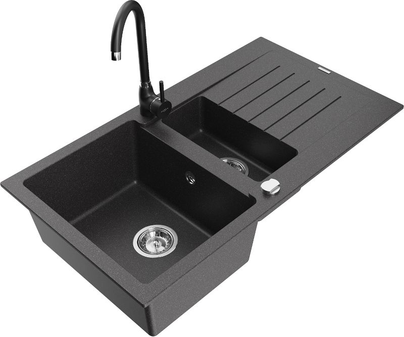 Zlewozmywak granitowy Mexen Matias 1,5-komorowy z ociekaczem i baterią kuchenną Telma czarny 6502-76-670200-70