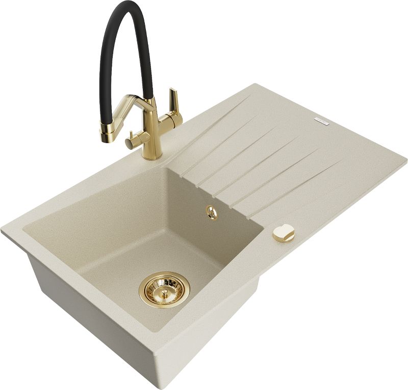 Zlewozmywak granitowy Mexen Cesar 1-komorowy z ociekaczem i baterią kuchenną Duo beżowy 6514-69-671701-57-G