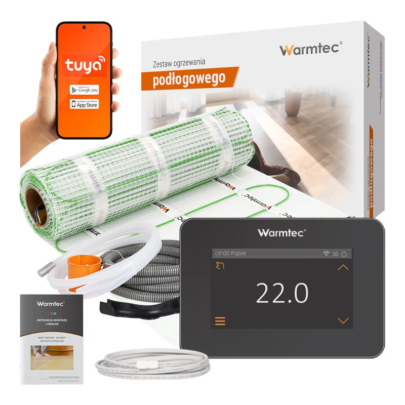 Mata grzewcza grzejna pod płytki Warmtec 7m² 100W/m² Wi-Fi zestaw czarny regulator DSE-70/XTS-CZ 1szt.
