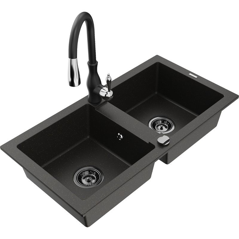 Zlewozmywak granitowy 2-komorowy Mexen Mario z baterią kuchenną Telma beżowy - 6504-69-670200-69 1 szt.