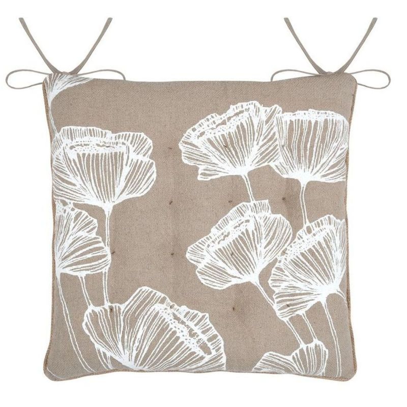 Poduszka Na Krzesło Oriana STOF dekoracyjna 38x38 cm Beżowa Białe Kwiaty 1 szt.