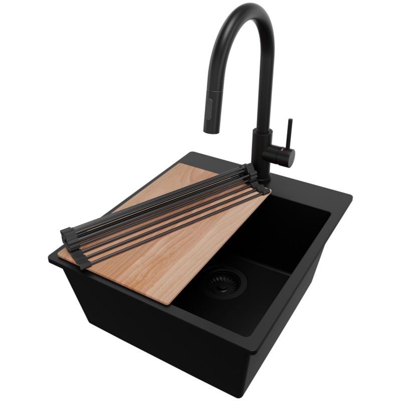 Zlewozmywak Granitowy Ryga PRIMAGRAN Nablatowy 43x50cm do szafki od 45cm z Syfonem i Baterią i Dodatkiem Cały Czarny 1 szt.