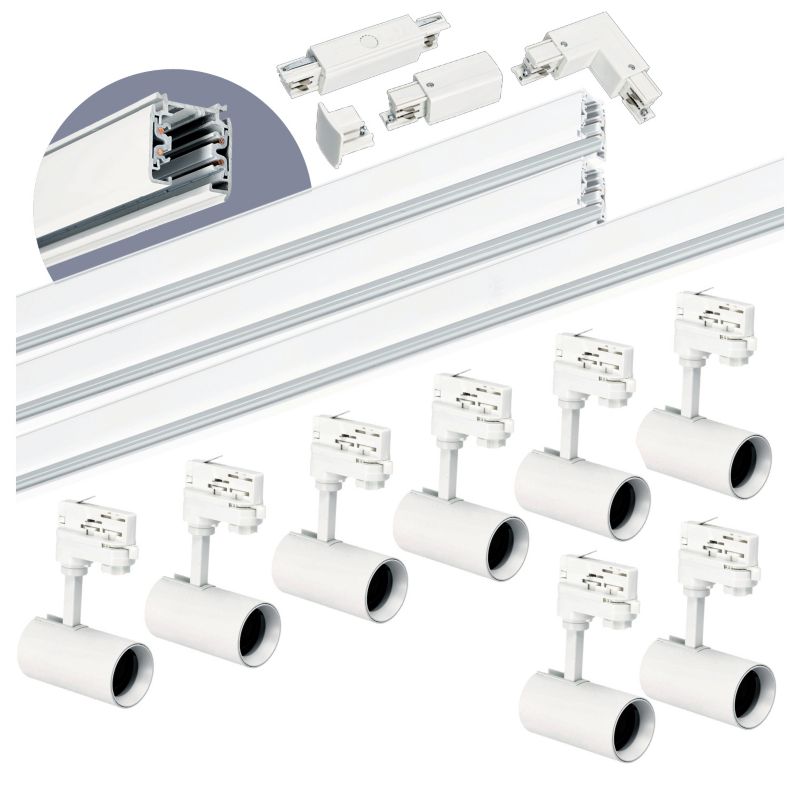 Zestaw szynowy 3-fazowy Kobi szyna 1m+1m+2m, 8x Lampa, łącznik I + L biały 1kpl.