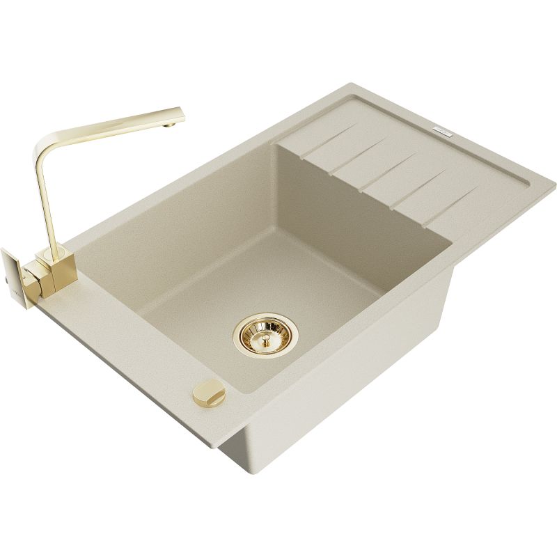 Zlewozmywak granitowy 1-komorowy Mexen Elias z ociekaczem i baterią kuchenną Rita beżowy - 6511-69-670300-00 1 szt.