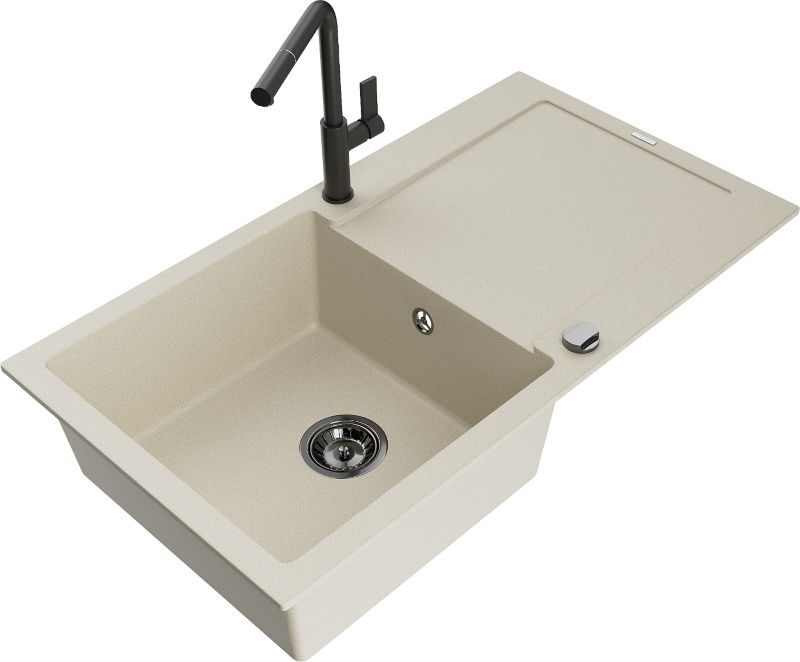 Zlewozmywak granitowy Mexen Leo 1-komorowy z ociekaczem i baterią kuchenną Flora biały - 6501-20-670401-07 1 szt.