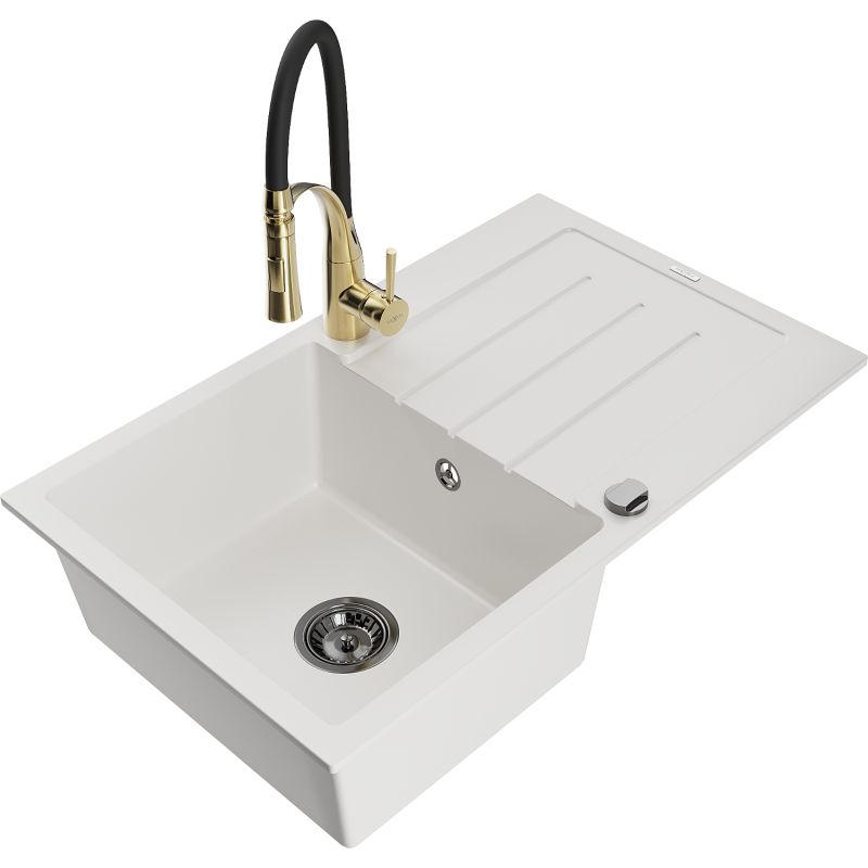 Zlewozmywak granitowy 1-komorowy Mexen Bruno z ociekaczem i baterią kuchenną Aster biały 6513-20-73450-57-B