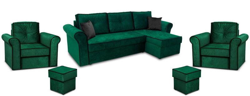 Zestaw Wypoczynkowy Narożnik Bonni Trevor + 2x Fotel z Pufą Zieleń 1 szt.