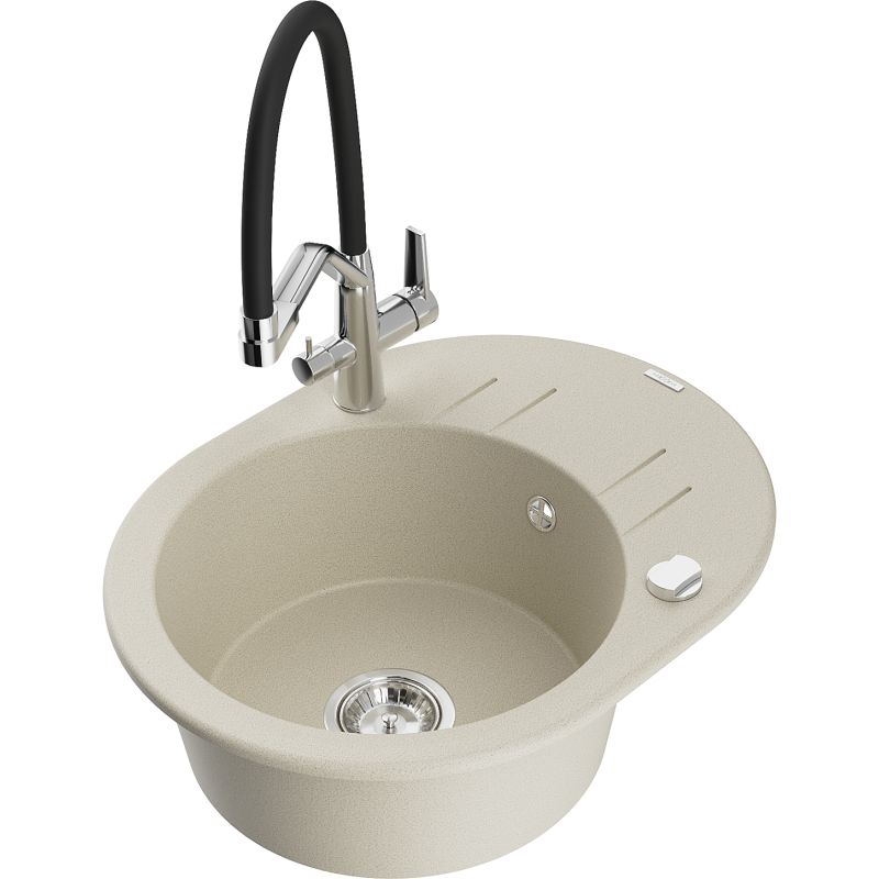 Zlewozmywak granitowy 1-komorowy Mexen Kevin z baterią kuchenną Duo beżowy 6517-69-671701-07