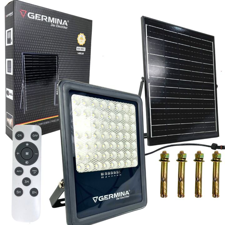 Naświetlacz LED Germina 200W z panelem solarnym IP65 + pilot 1kpl.