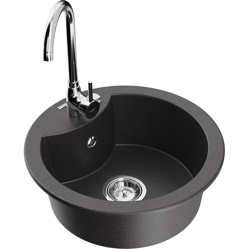 Zlewozmywak granitowy 1-komorowy Mexen Diego z baterią kuchenną Telma czarny/srebrny - 6512-73-670200-70 1 szt.