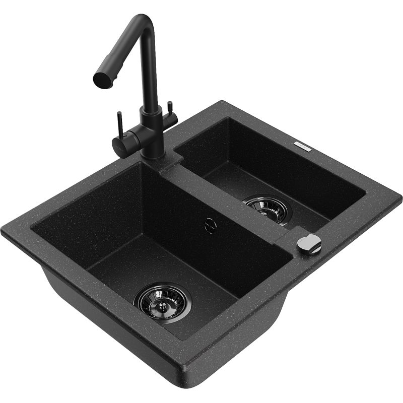 Zlewozmywak granitowy 1.5-komorowy Mexen Carlos z baterią kuchenną Duero czarny/złoty metalik - 6518-75-671600-70-B 1 szt.