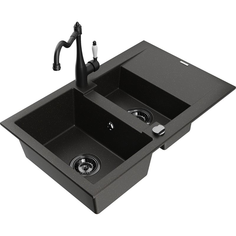 Zlewozmywak granitowy 1.5-komorowy Mexen Gaspar z ociekaczem i baterią kuchenną Carla szary - 6507-71-670700-71 1 szt.