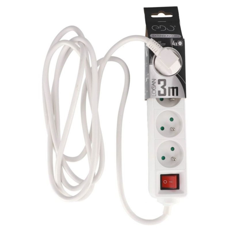 Przedłużacz domowy przenośny Edo Logan White 4 - krotny z uziemieniem 3m z włącznikiem EDO777563 1 szt.
