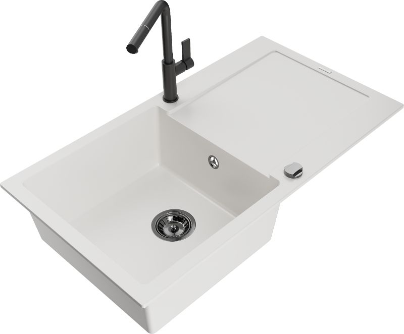 Zlewozmywak granitowy Mexen Leo 1-komorowy z ociekaczem i baterią kuchenną Rita beżowy - 6501-69-670300-00 1 szt.