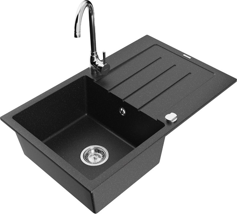 Zlewozmywak granitowy Mexen Bruno 1-komorowy z ociekaczem i baterią kuchenną Telma czarny/srebrny 6513-73-670200-00