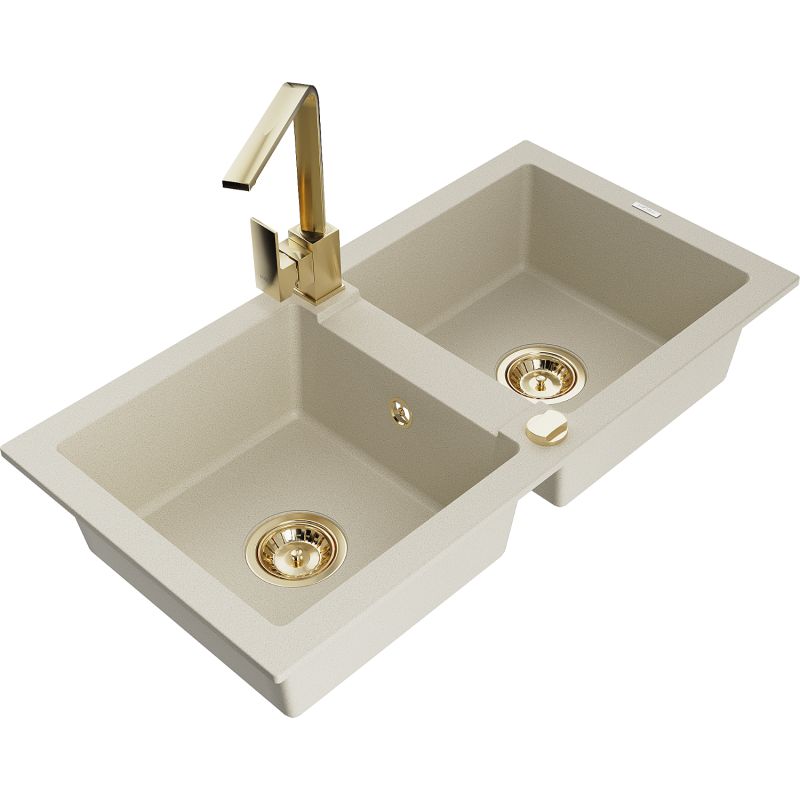 Zlewozmywak granitowy 2-komorowy Mexen Mario z baterią kuchenną Rita biały - 6504-20-670300-70 1 szt.