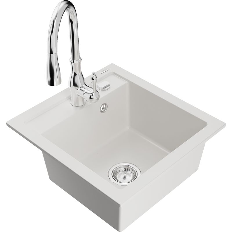 Zlewozmywak granitowy 1-komorowy Mexen Vito z baterią kuchenną Savita biały - 6503-20-672601-70 1 szt.