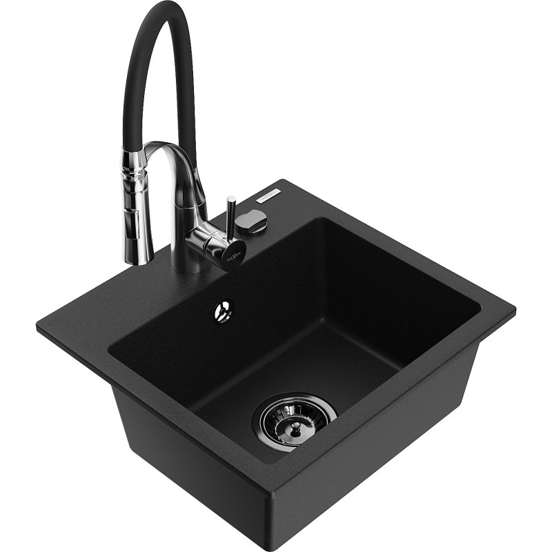 Zlewozmywak granitowy 1-komorowy Mexen Milo z baterią kuchenną Aster czarny - 6505-77-73450-70-B 1 szt.