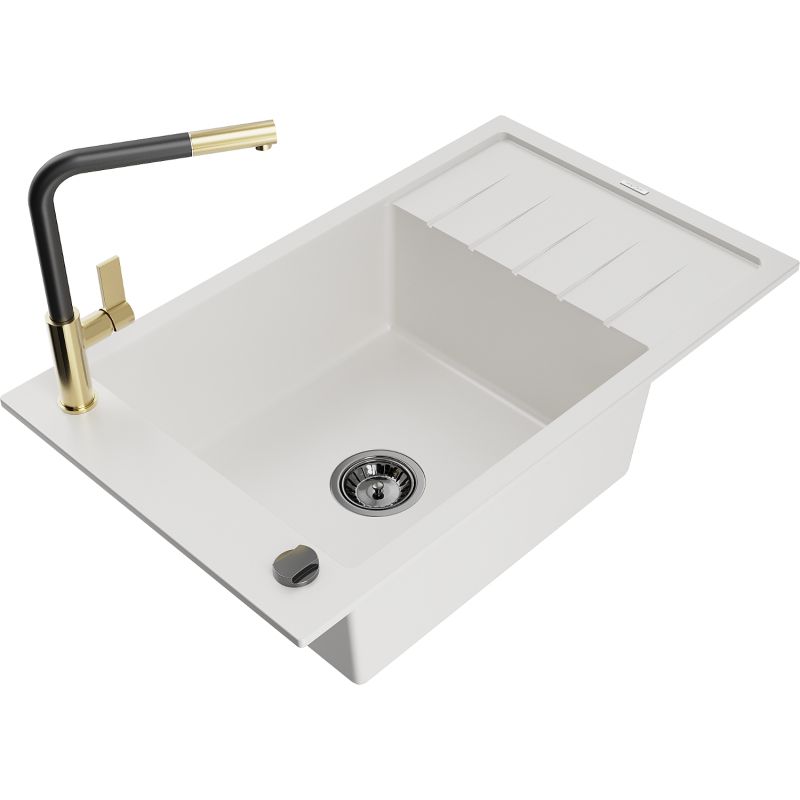 Zlewozmywak granitowy 1-komorowy Mexen Elias z ociekaczem i baterią kuchenną Flora biały 6511-20-670401-57-B