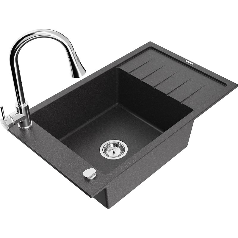 Zlewozmywak granitowy 1-komorowy Mexen Elias z ociekaczem i baterią kuchenną Elia czarny nakrapiany - 6511-76-670101-70-B 1 szt.