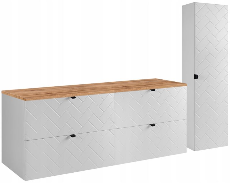 Szafka pod umywalkę i słupek Furnidea 160 cm + 35 cm biały dąb Wotan ryflowany Trend zestaw